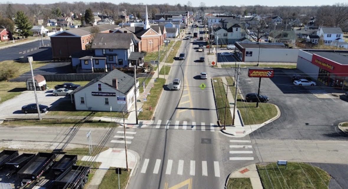 Aerial view of Main Street in Bethel, Ohio, home of The Modern Insurance Store